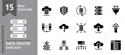 Solid icon set representing data center and server infrastructure including server racks, cloud storage, data processing, fiber optic cables, and network security, ideal for technology services.