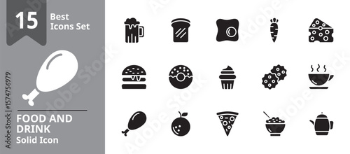 Solid icon set representing food and beverage concepts including fast food, coffee, fruit, dessert, juice, and meals, ideal for restaurant menus, food delivery apps, cooking blogs, and culinary brand.