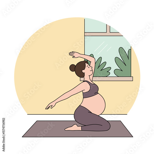Pregnant woman, relaxed, practicing yoga, in a bright room with plants