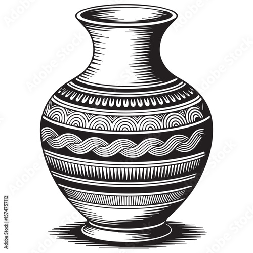 An ornate vase with intricate patterns stands isolated on transparent background