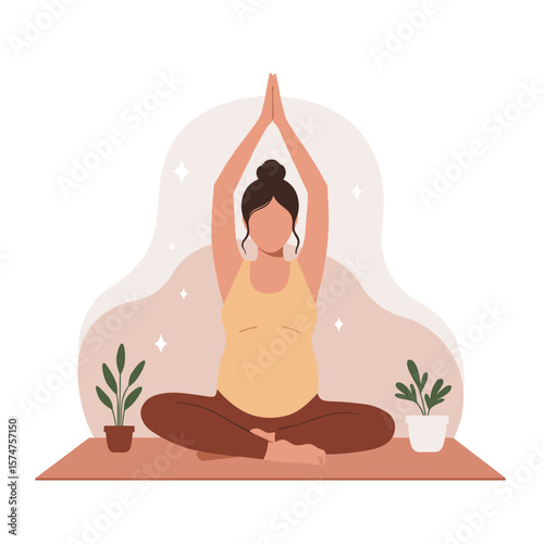 Pregnant woman, motivated, practicing yoga pose, surrounded by plants in a bright setting