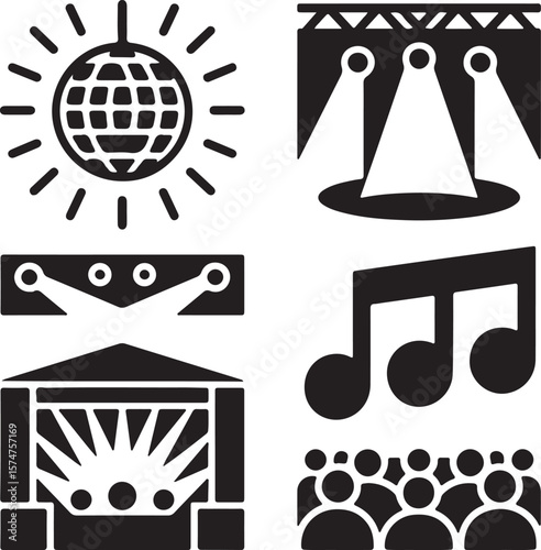 Disco Party Stage Lights, Music, and Crowd Icons
