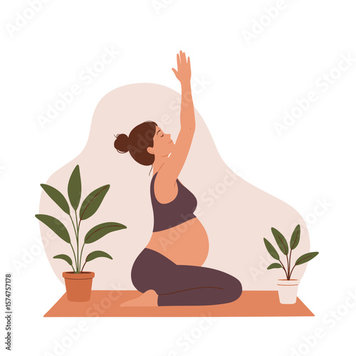 Pregnant woman, joyful, stretching yoga pose, beside potted plants in a light space