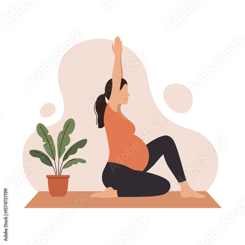 Pregnant woman, focused, performing yoga stretch, next to a potted plant in a bright space
