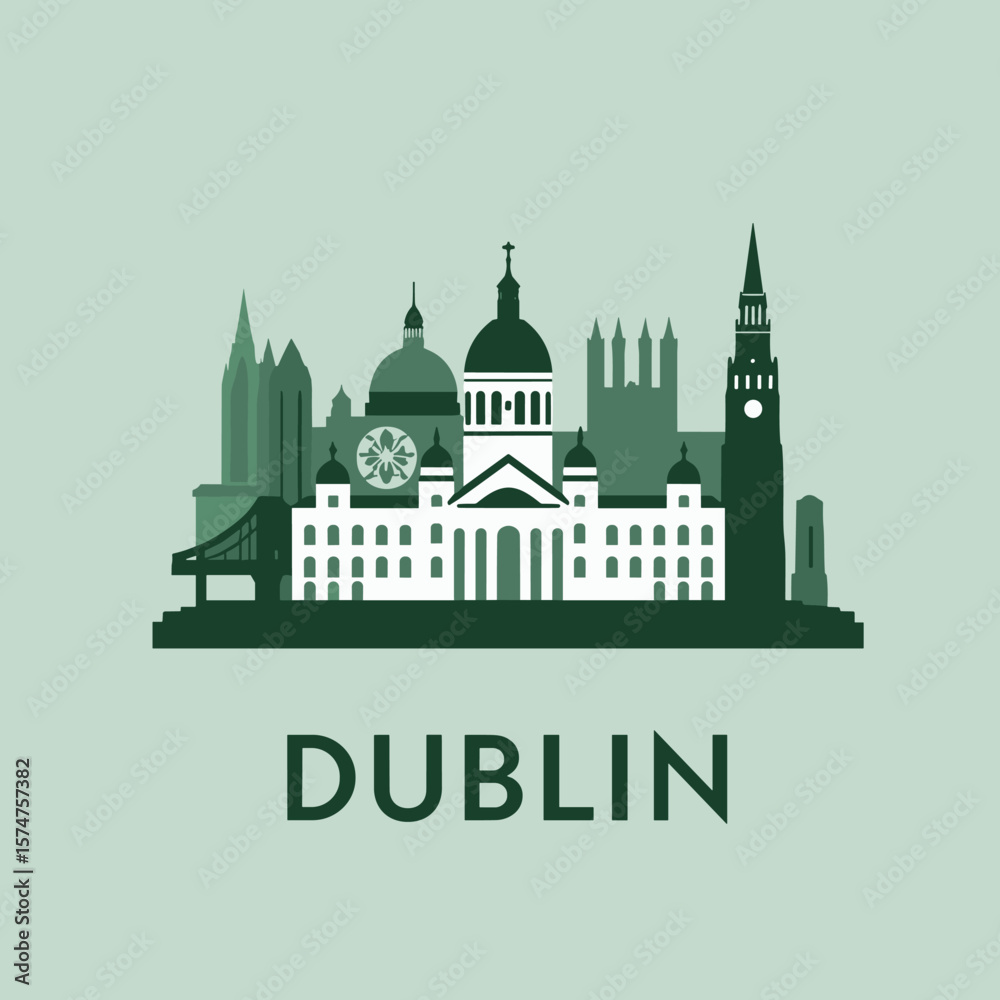 custom made wallpaper toronto digitalMonochromatic vector of Dublin skyline with iconic landmarks in green. Clean flat design for Ireland-themed artwork