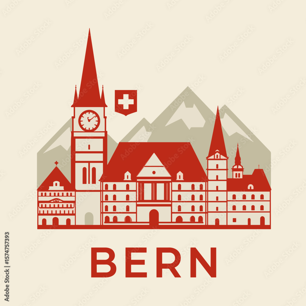 Naklejka premium Flat vector of Bern with alpine mountains, Swiss flag, and historic architecture in red tones. Clean design style