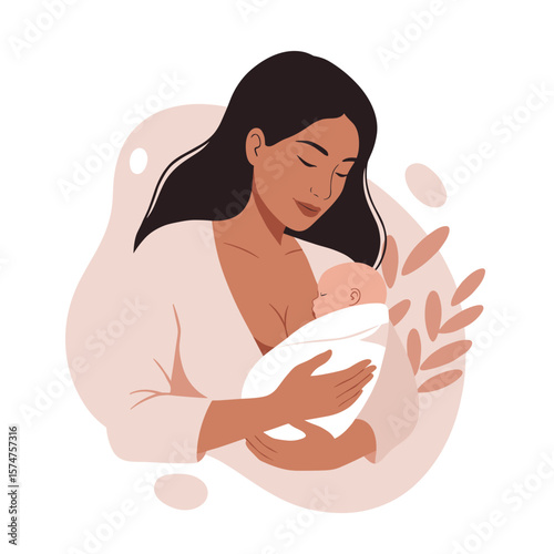 Young mother, loving, holding swaddled baby, in a gentle and nurturing environment