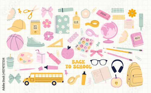 Back to school. Big set of school supplies. Pastel colored stationary icons.