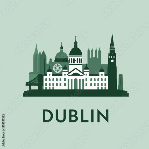 Monochromatic vector of Dublin skyline with iconic landmarks in green. Clean flat design for Ireland-themed artwork