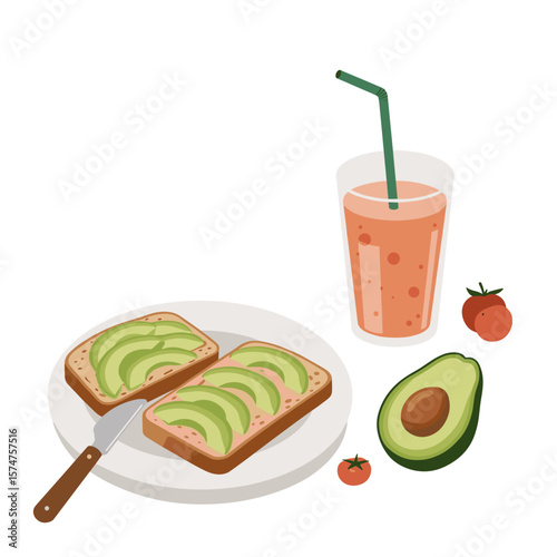 Nutritious breakfast, avocado toast and smoothie, in a bright and healthy presentation