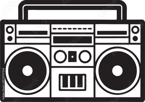 Retro boombox silhouette with speakers and controls isolated on white background