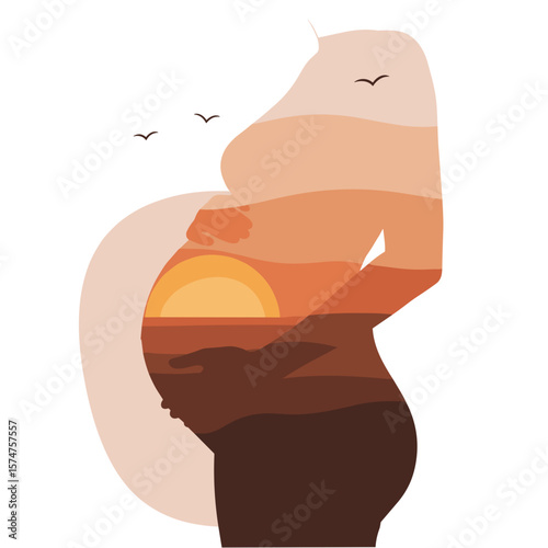 Pregnant woman silhouette, serene, with sunset background, symbolizing motherhood and new beginnings