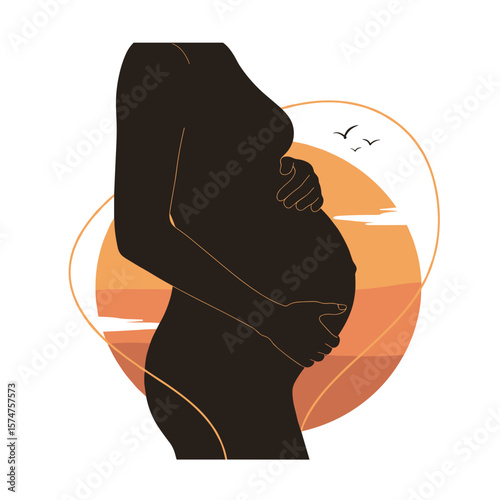 Pregnant woman silhouette, peaceful, against a sunset background, representing motherhood and new life