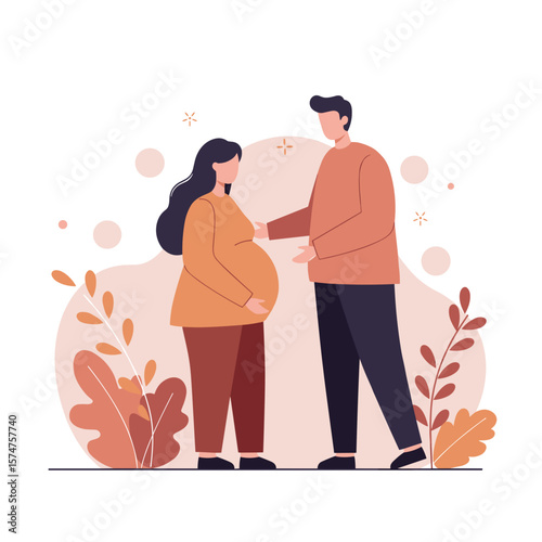 Pregnant couple standing together in a joyful moment surrounded by plants and soft colors