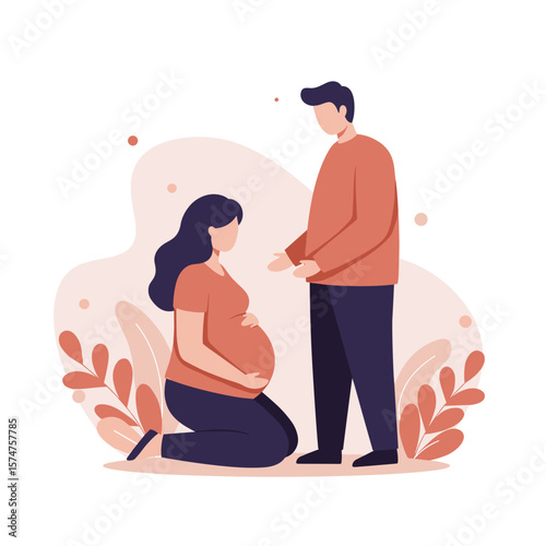 Pregnant woman kneeling while talking to her partner in a warm, loving environment with plants