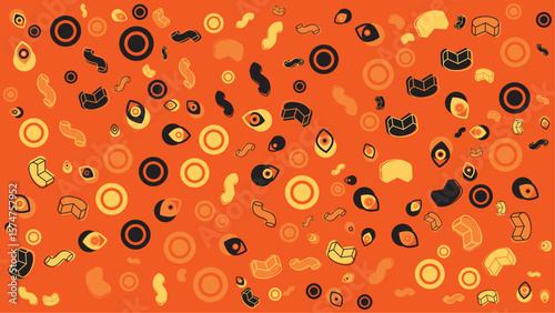 Abstract orange artwork features eyes shapes and geometric forms. Vector for abstract background, presentation, website, and creative poster.