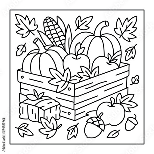 Fall Harvest Crate Coloring Page – Pumpkins, Apples, and Leaves Fun for Kids