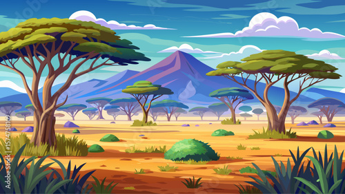 Meru National Park, Kenya – Whispering grass plains stretch under Acacia trees,, showcasing quiet savannah grandeur.