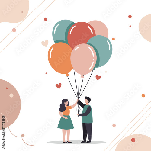 Couple holding colorful balloons together in a joyful moment, surrounded by hearts and abstract shapes