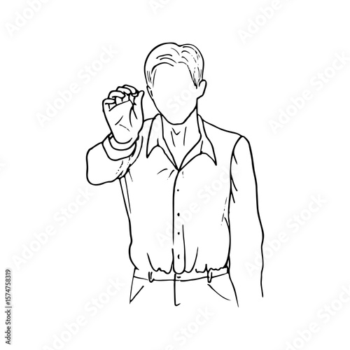 faceless portrait of a man in a shirt raising his hand with chalk to write at eye level - hand drawn line art
