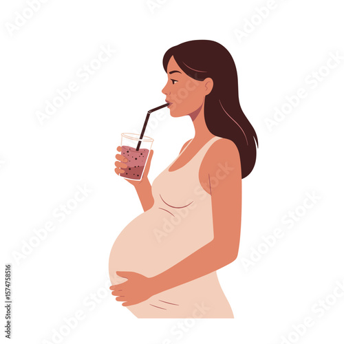 Pregnant woman sipping a smoothie with a content expression, embracing wellness and self-care
