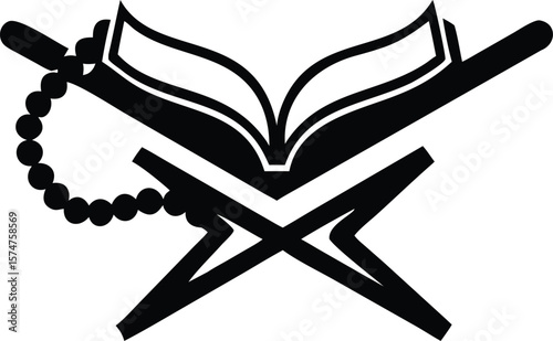 Black and White Abstract Symbol Open Book Rosary Cross Design Monochrome Graphic Religious Icon beads