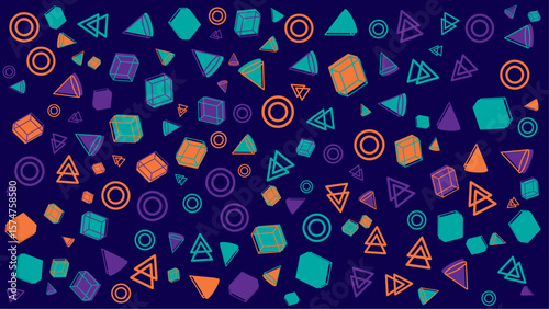 Vibrant geometric pattern of cubes cones and triangles. Vector for abstract background, presentation, website, and creative poster.