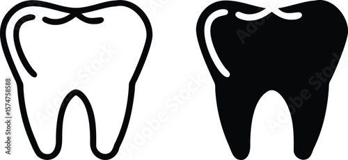 Healthy Tooth Icon Set – Black and White Dental Care Vector Illustration