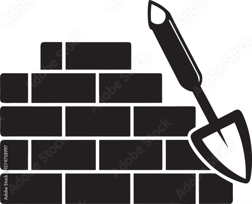 Building a brick wall with a trowel and a triangular brick isolated on white background