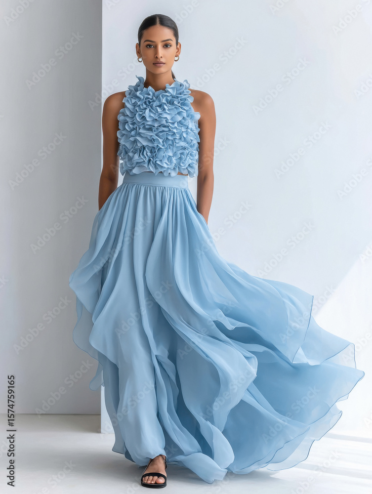 Fototapeta premium young indian woman wearing crafted dress standing on white background