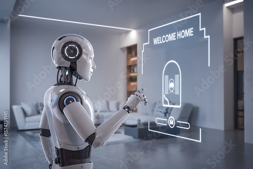 Futuristic robot interacting with a holographic interface in a modern living room welcoming guests