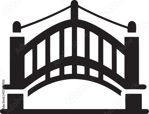 Simple black silhouette of a pedestrian bridge with curved arch and railing isolated on white background