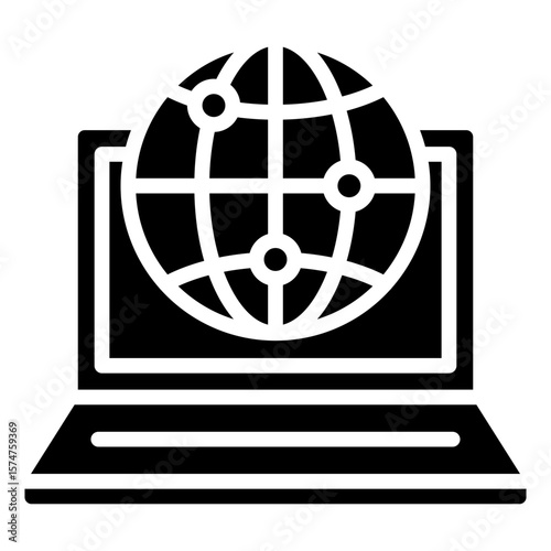 Web Access Glyph Silhouette Black Icon Vector Design - laptop with a globe symbol, representing global web access or internet browsing