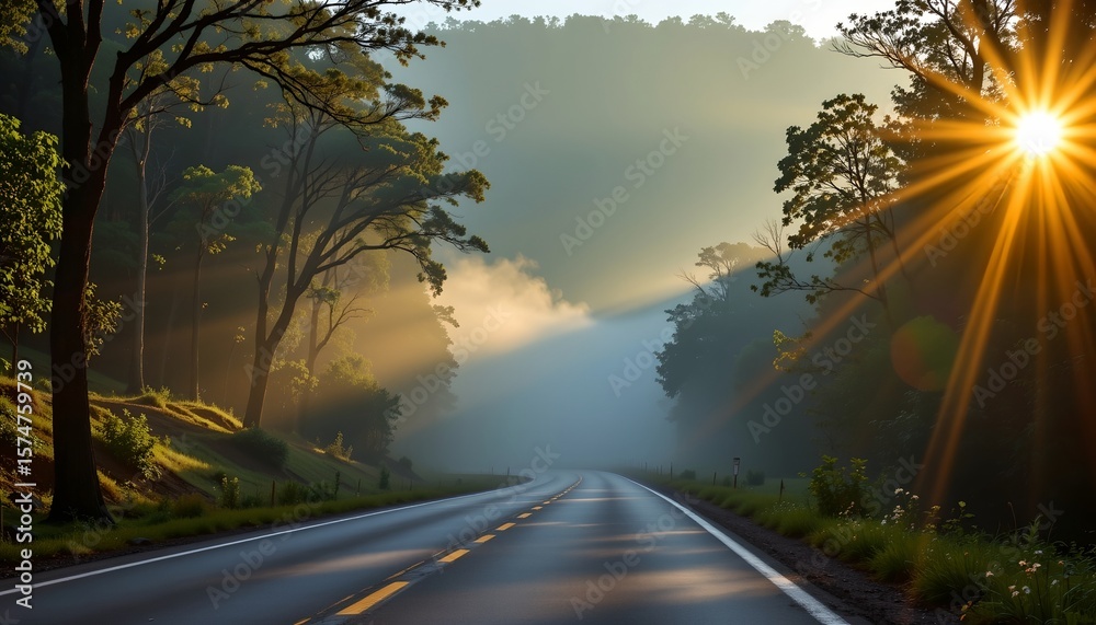 Fototapeta premium a serene forest road during sunrise or sunset. the sun shines brightly through the trees lining the winding road, creating a dramatic light effect
