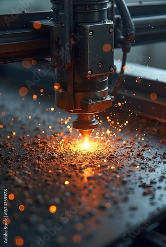 Laser cutting sparks and molten metal, vertical composition. A closeup view of industrial precision and fiery energy.