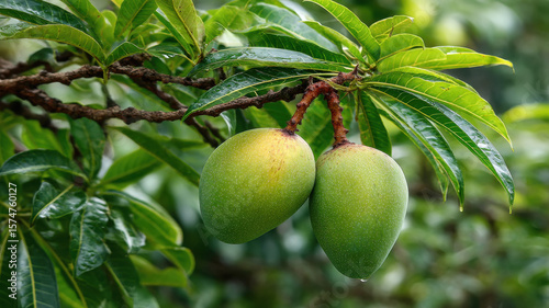 fresh green mangoes on tree branch