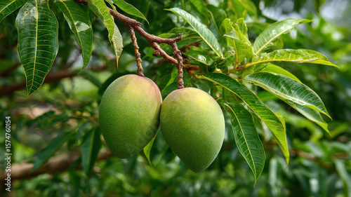 fresh green mangoes on tree branch