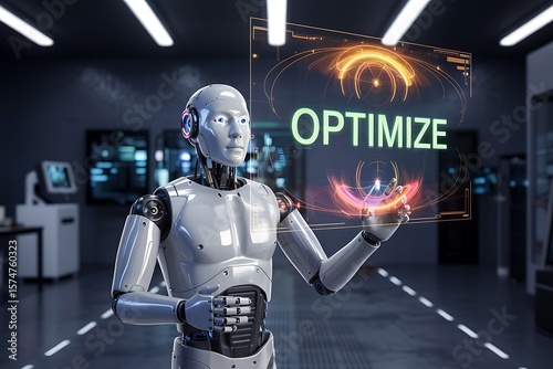 Advanced Robot Interacts with Futuristic Holographic Display Showing Optimize Function