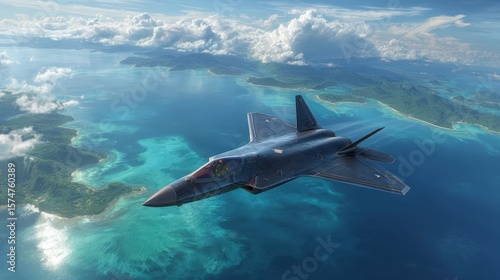 Modern Stealth Fighter Jet Flying Over Tropical Islands Stunning Aerial View of Ocean and Lush Green Landscape