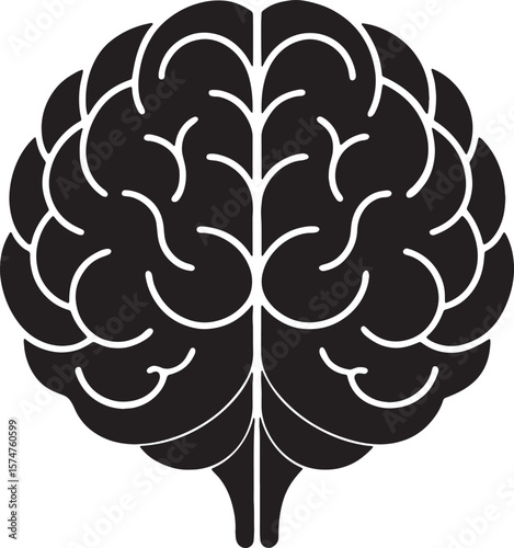 black brain silhouette with white lines representing gyri and sulci isolated on white background
