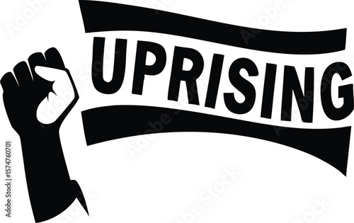 Black fist raised high next to a black banner with the word U P R I S I N G in bold capital letters hand