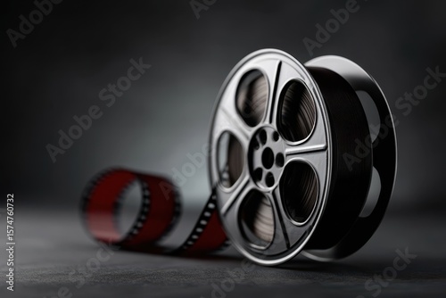 Film reel with red strip on dark background