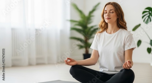 Young woman practicing meditation in lotus position at home. Peaceful female in white t-shirt sitting cross-legged with closed eyes in bright modern living room with green plants. Free Download Young woman practicing meditation in lotus position at home. Peaceful female in white t-shirt sitting cross-legged with closed eyes in bright modern living room with green plants. - GFXLoad