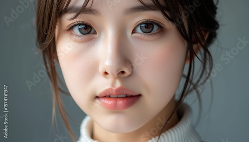 Photorealistic Close-Up of a Young Woman with Soft Features and Smile