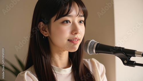 Young Woman Singing at a Microphone in a Bright Room