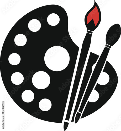Artistic palette with brushes and colorful flame silhouette isolated on white background