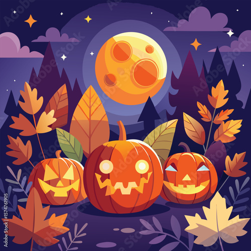 Spooky Halloween night with scary pumpkins, bats, and a dark tree silhouette perfect for an autumn holiday celebration background
