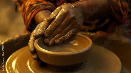 Close-Up Video Still of a Potter's Hands Shaping Clay on a Traditional Spinning Wheel, Crafting Earthenware with Skill and Precision, Capturing the Art of Pottery Making

