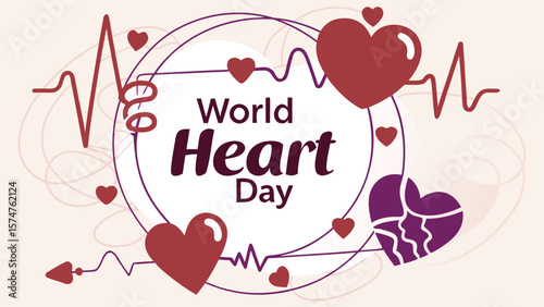 World Heart Day:  Stylized graphic design featuring hearts, ECG lines, and a circular frame; conveying health, love, and awareness in a modern, minimalist style.