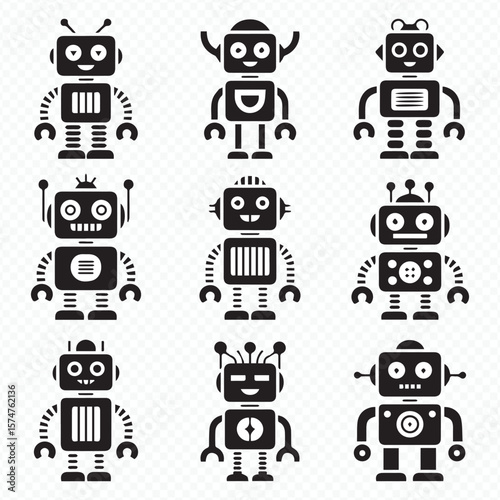 monochrome robot icon set with nine diverse vector designs for robotics, ui design, and futuristic illustration